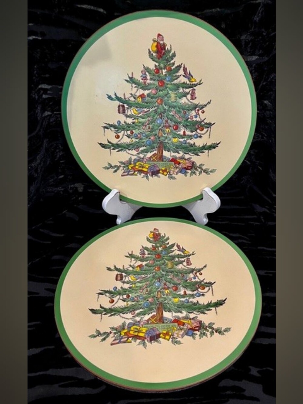 Pair of Spode Christmas Tree 10 Inch Round Cork Back Trivets - New Without Box